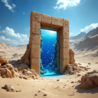 The primary subject of the image is a large, intricately carved stone doorway, which appears to be a part of a temple or an ancient monument. The doorway is open, revealing a vibrant blue underwater scene with a variety of fish swimming around. The setting is a desert landscape, with sand and rocky terrain surrounding the doorway. The visual style of the image is a combination of photo and digital art, creating a unique and captivating scene. The dominant colors are blue and white, with the